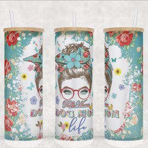 The Pioneer Woman Messy Bun Dog Mom Life Brown Hair Frosted Glass Tumbler 20oz
